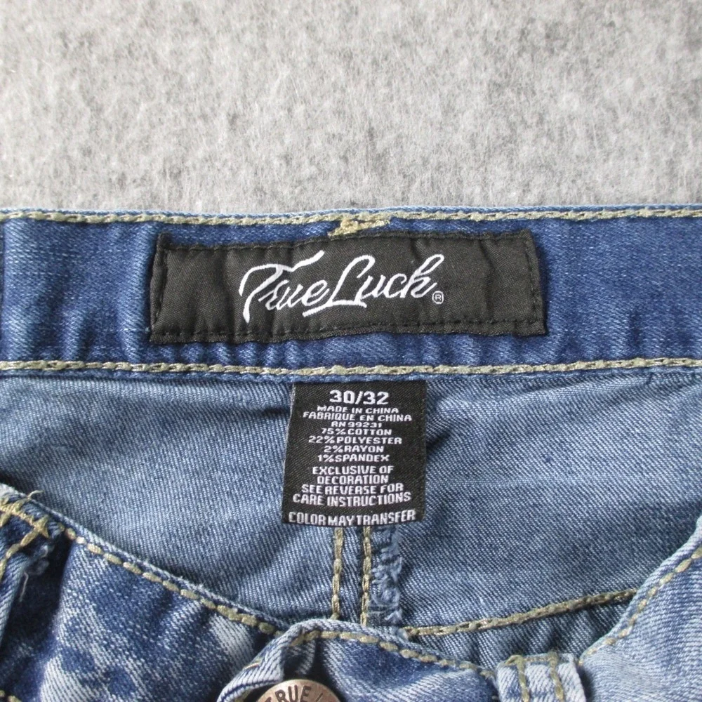 True Luck Jeans Mens‎ 30x29 Straight Leg Medium Wash Whiskered Denim Jeans Blue